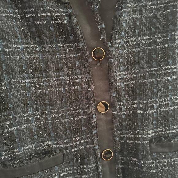 Ann Taylor Tweed Jacket Blazer Blue Black Fringe Button Front Long Sleeve Sz 6P - Picture 2 of 6